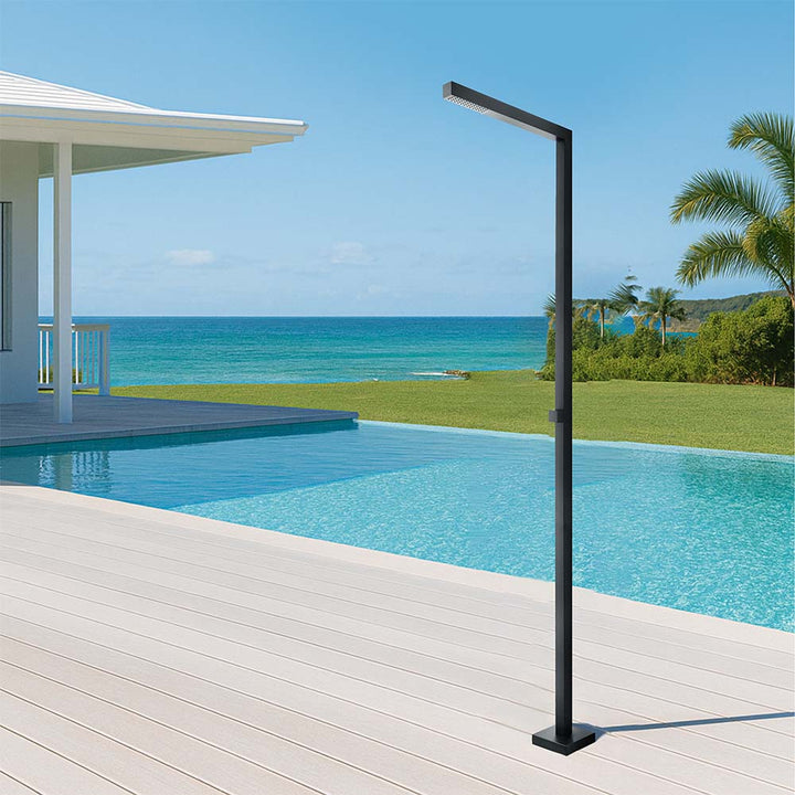 Stainless steel outdoor shower by the pool in modern matte black design