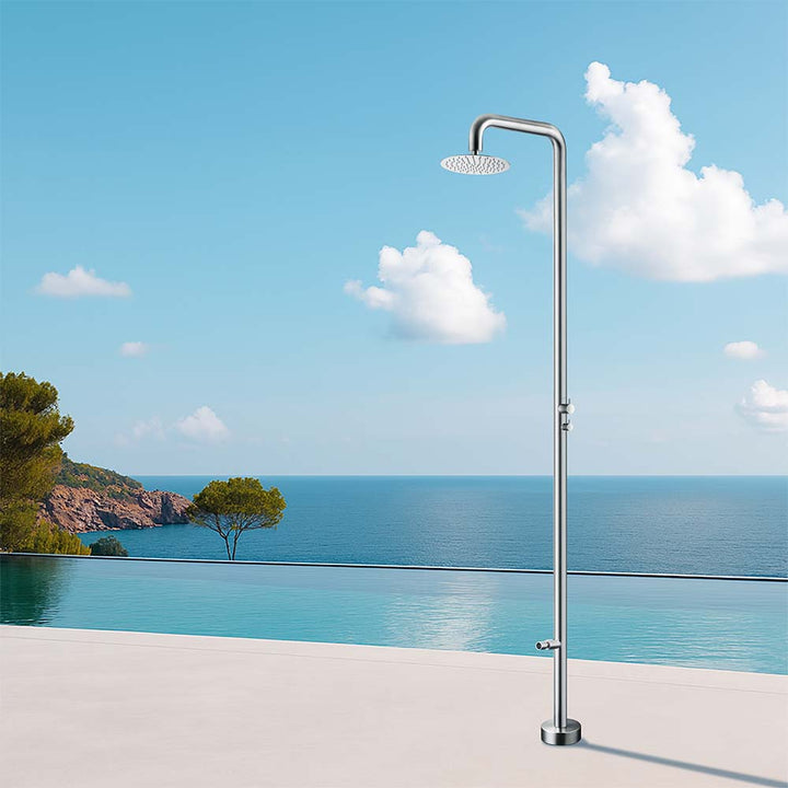 Stainless steel outdoor shower by seaside pool modern scene