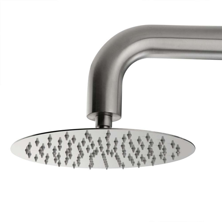 Stainless steel outdoor shower showerhead detail view