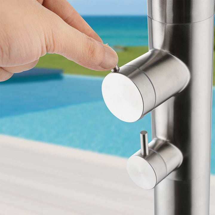 Stainless steel outdoor shower valve and handle operation detail