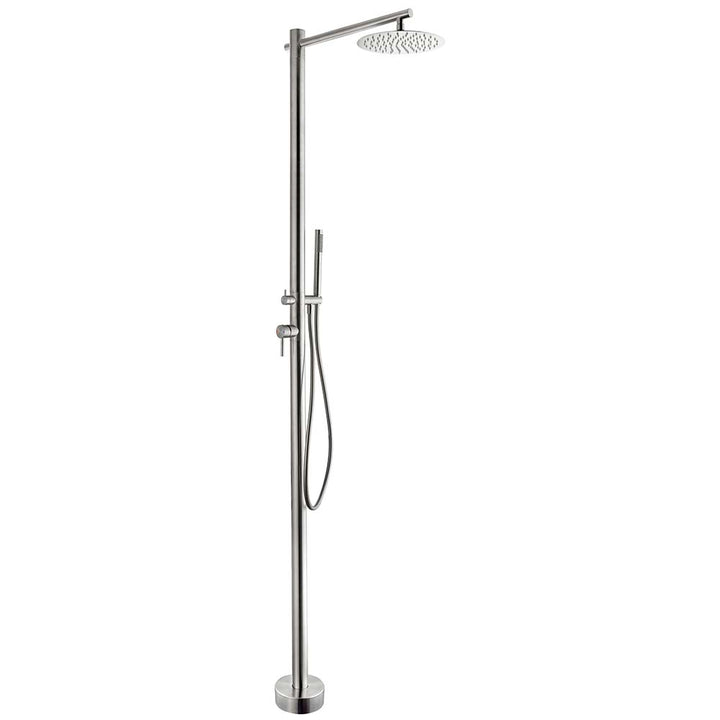Stainless steel outdoor shower with overhead and handheld showerhead for garden