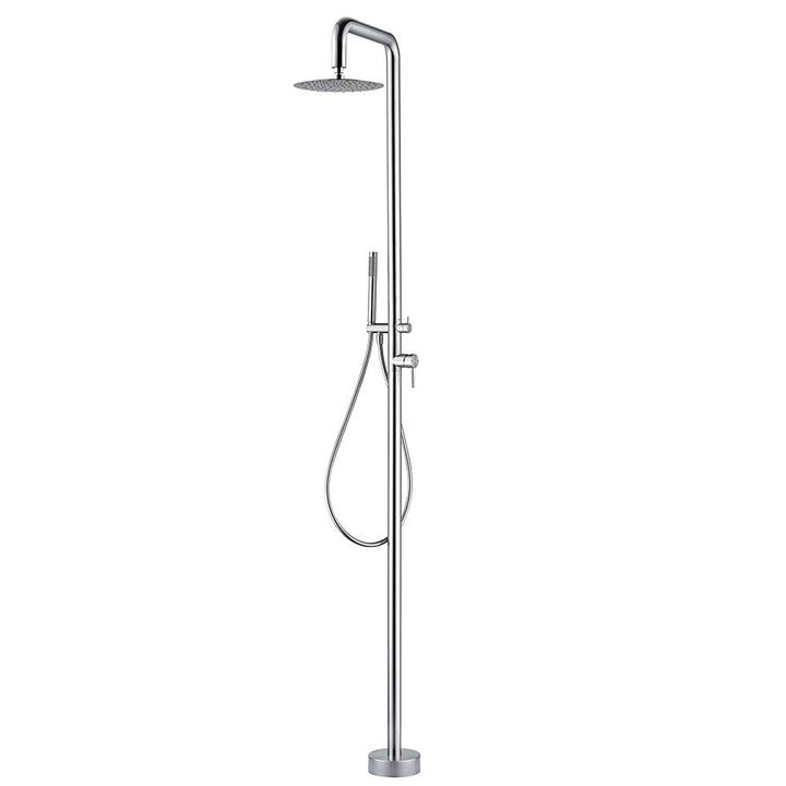 Stainless steel outdoor shower with overhead and handheld spray