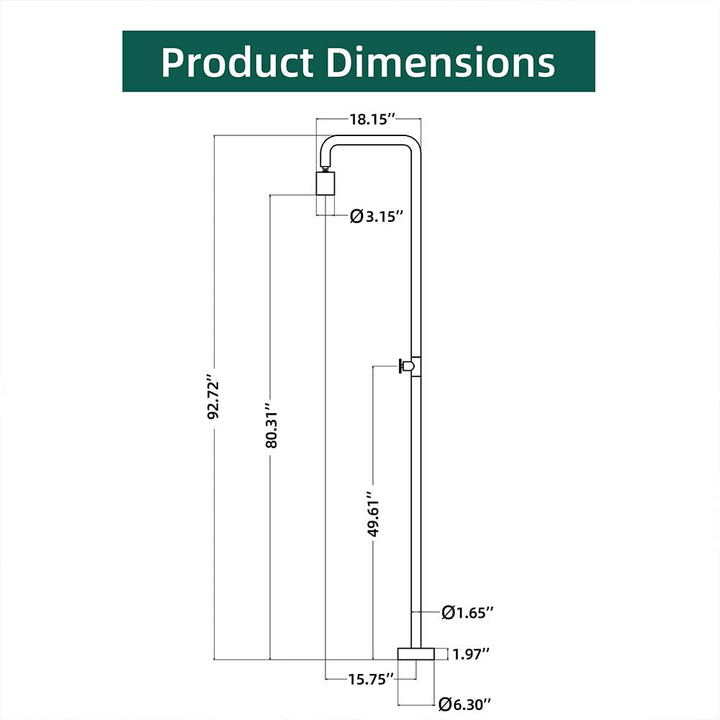 Stainless steel outdoor shower size and dimension diagram