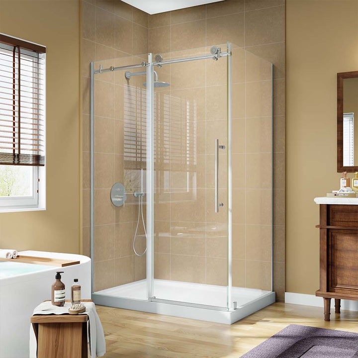 Stainless steel shower door with sliding glass in modern bathroom