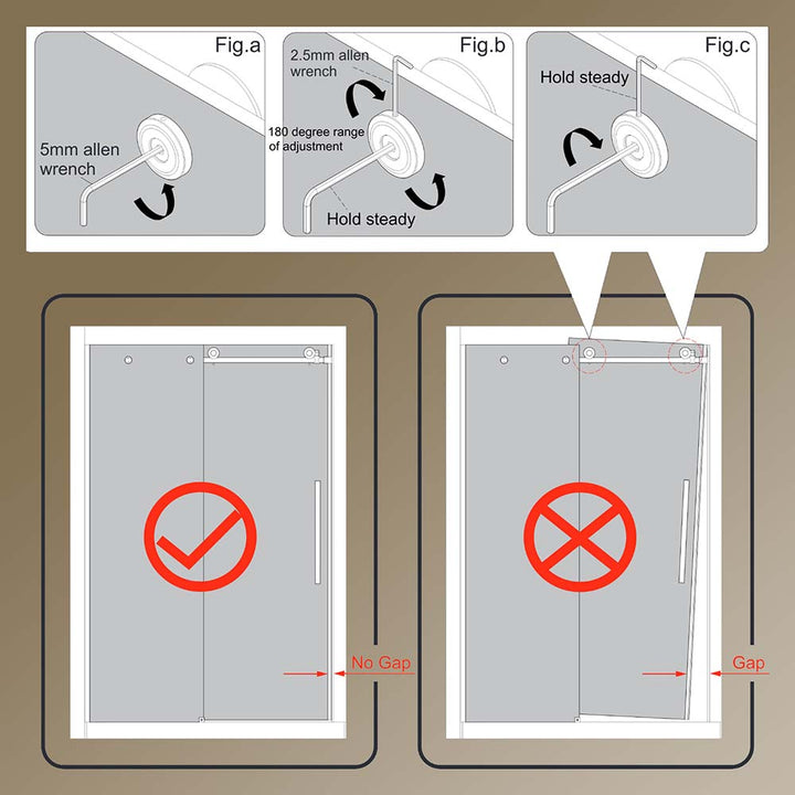 Shower door installation adjustment to fix gaps and alignment