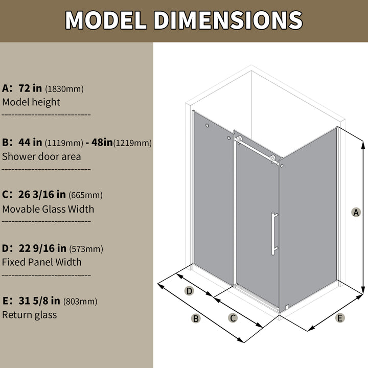 Stainless steel shower door model dimensions 44 to 48 inch