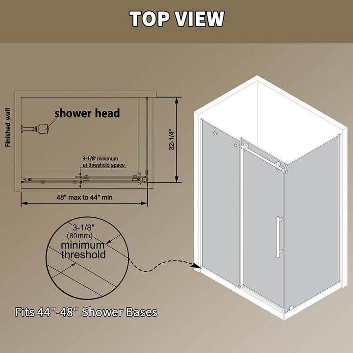 Top view stainless steel shower door dimensions 44 to 48 inch base