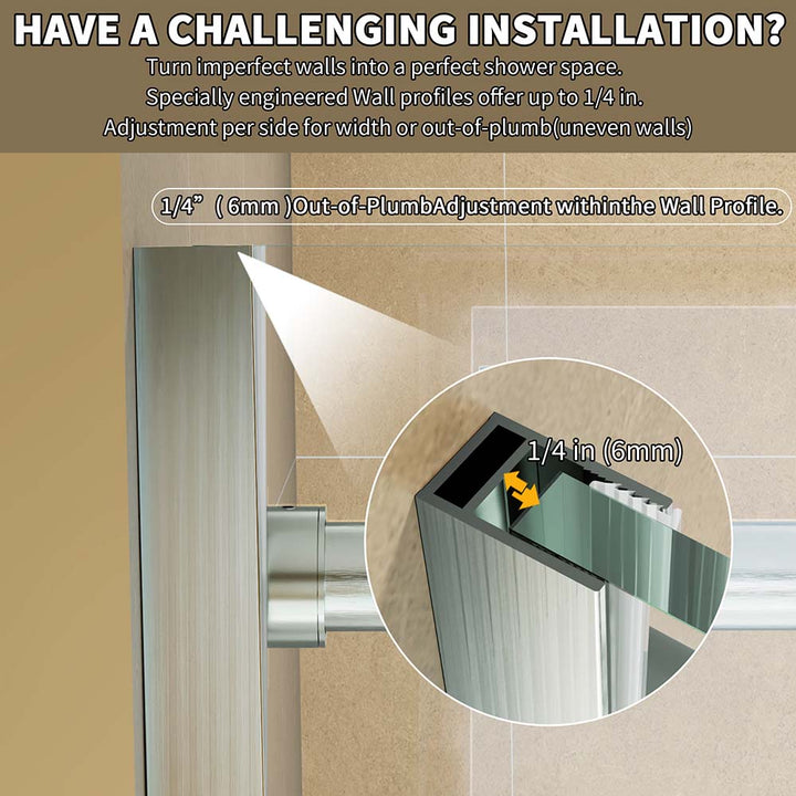 Shower door wall profile adjustment for uneven walls up to 1 4 inch