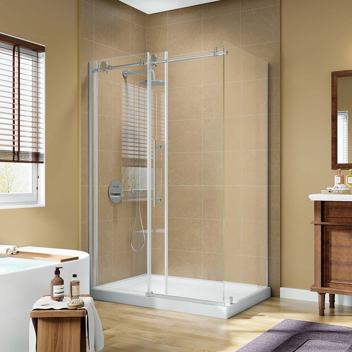 Stainless steel shower door with sliding glass in modern bathroom