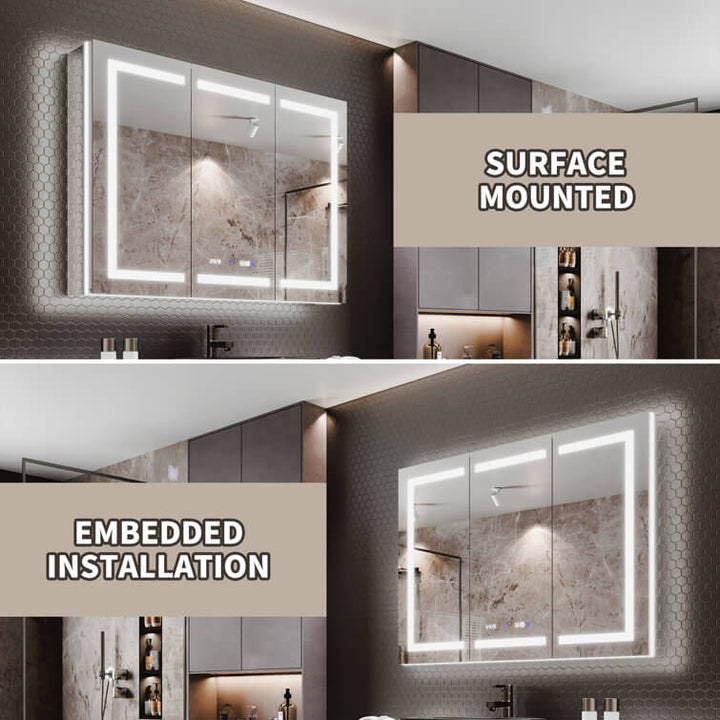 Bathroom mirror cabinet available in surface mounted and embedded installation options shown in a modern bathroom setting