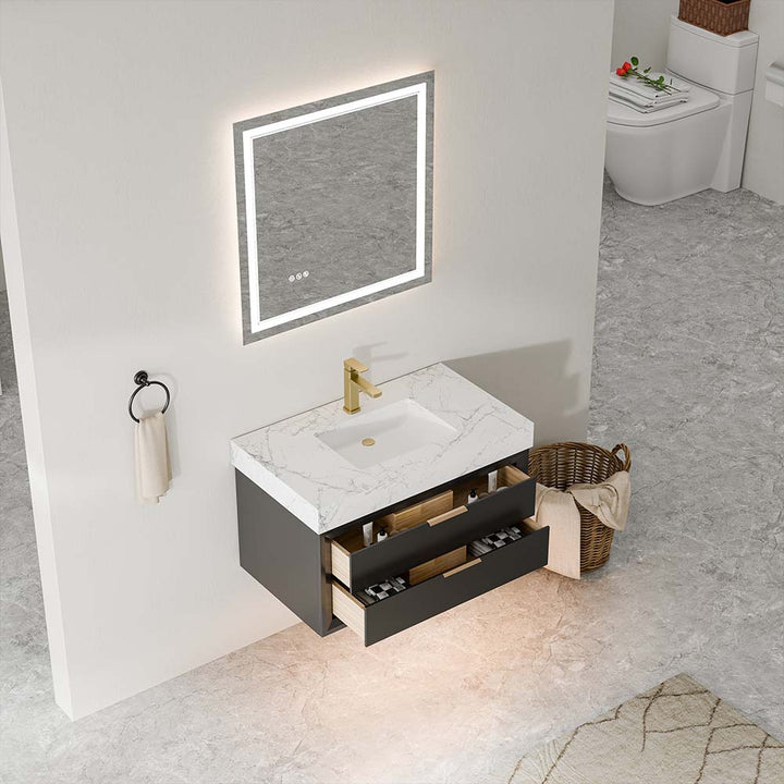 Top view of vanity with open drawers and storage compartments