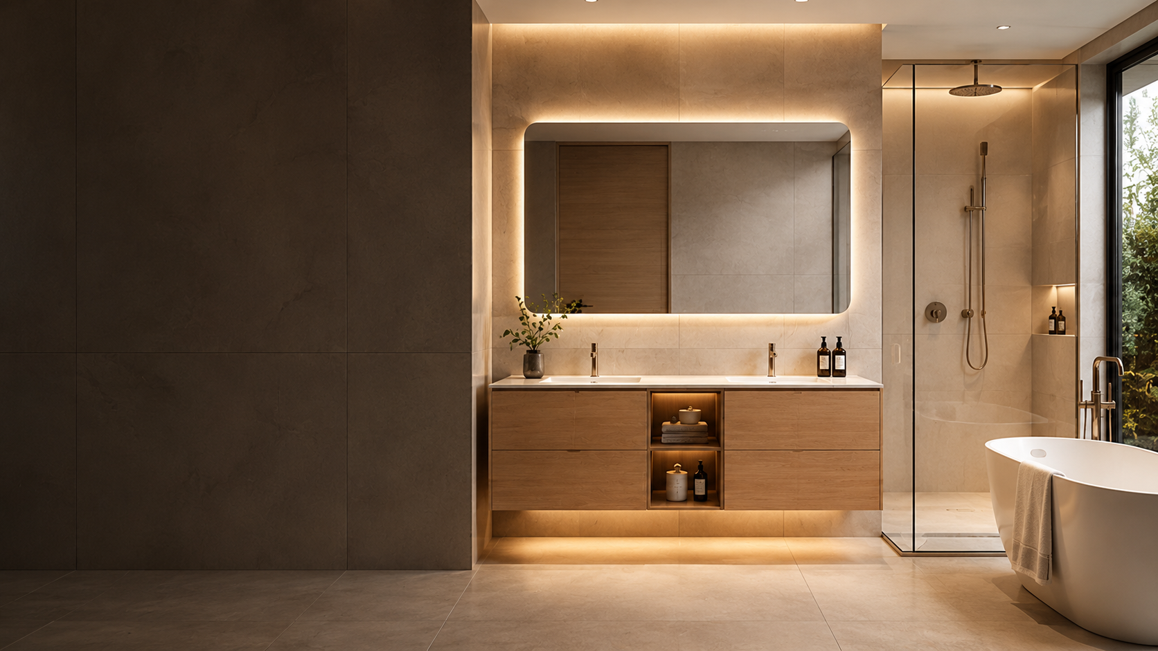 Modern bathroom vanity and shower space