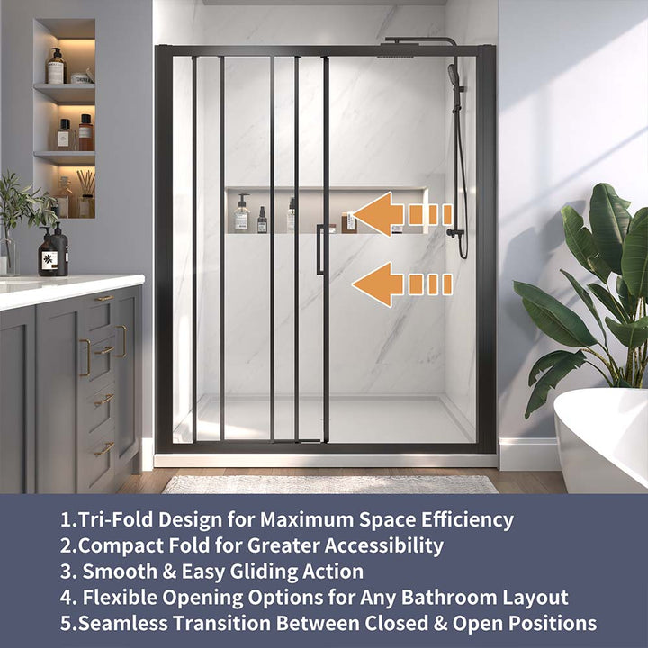Black shower door with tri-fold design for maximum space efficiency and smooth gliding action.