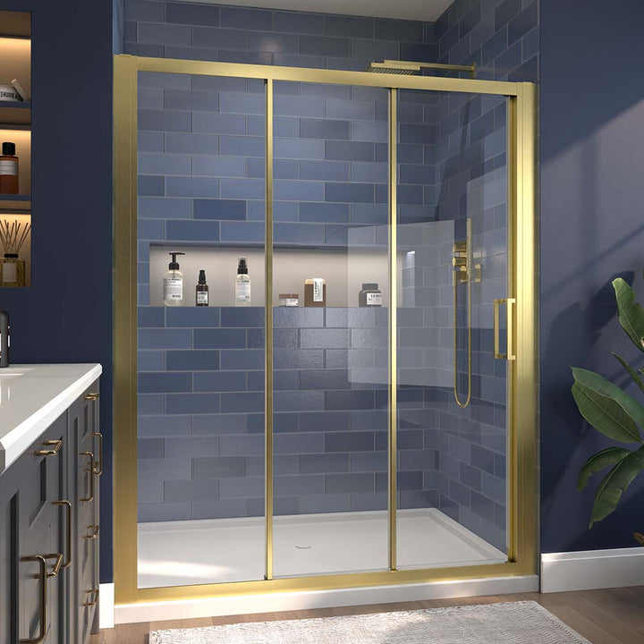 Tri fold shower door with gold frame modern bathroom scene