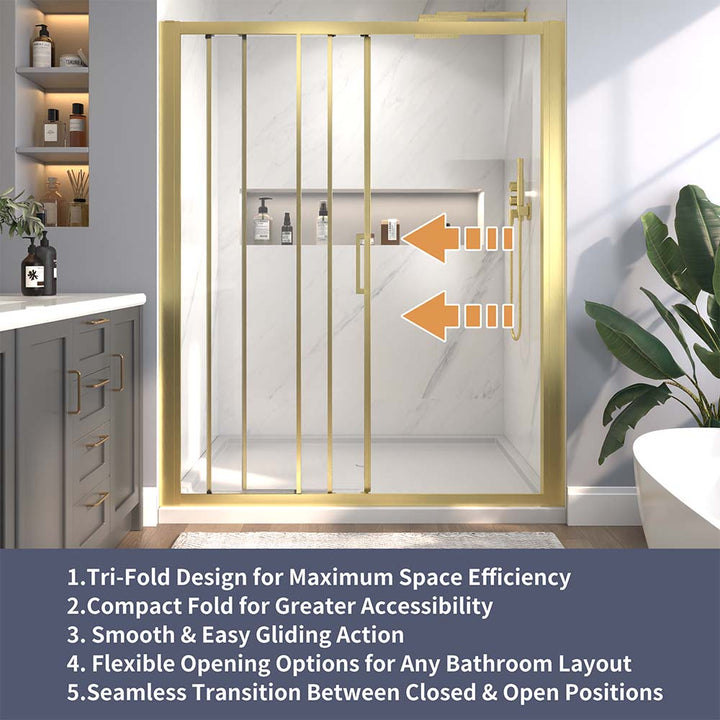 Shower door with tri-fold design for space efficiency and smooth gliding action.