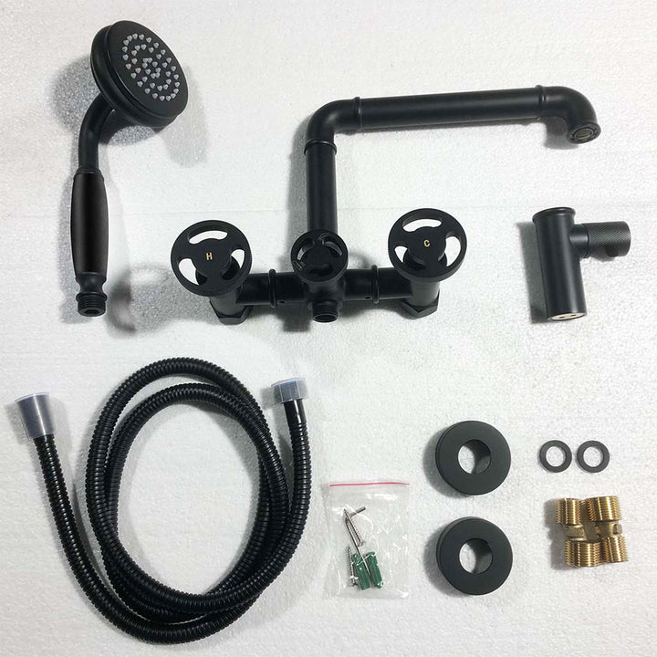 Black tub faucet set with handheld shower and hoses