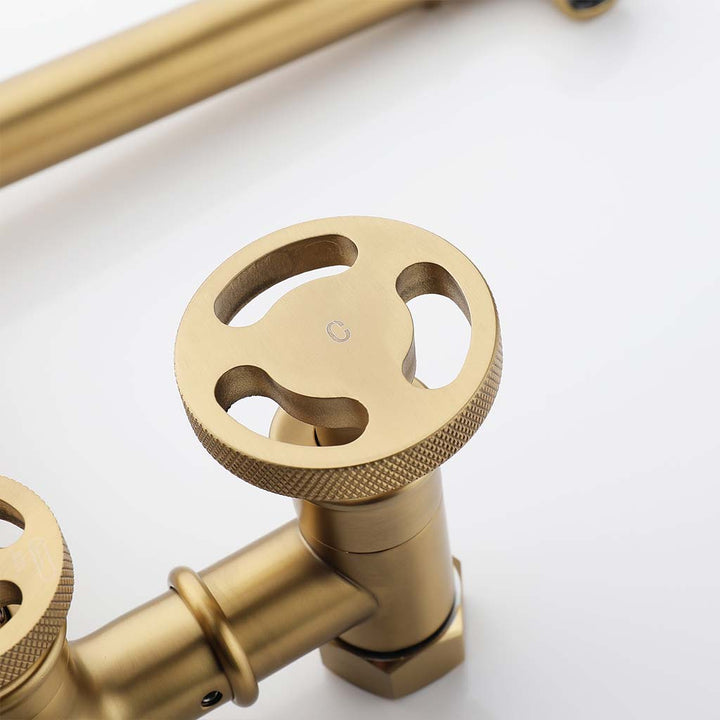 Tub faucet brass handle detail with round control knob