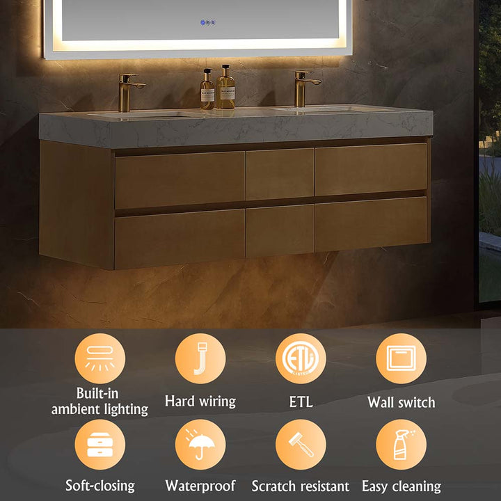 Vanity with ambient lighting showing features such as soft-closing