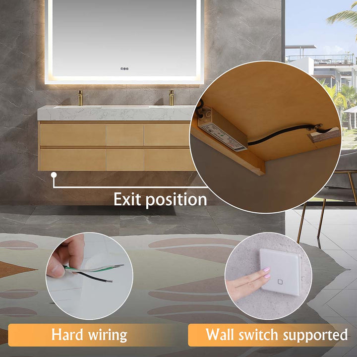 Vanity with backlit mirror showing hardware setup and wall switch support
