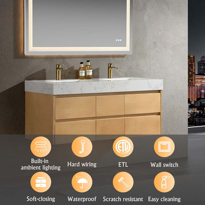 Vanity with built-in ambient lighting, waterproof, ETL certified, and easy to clean