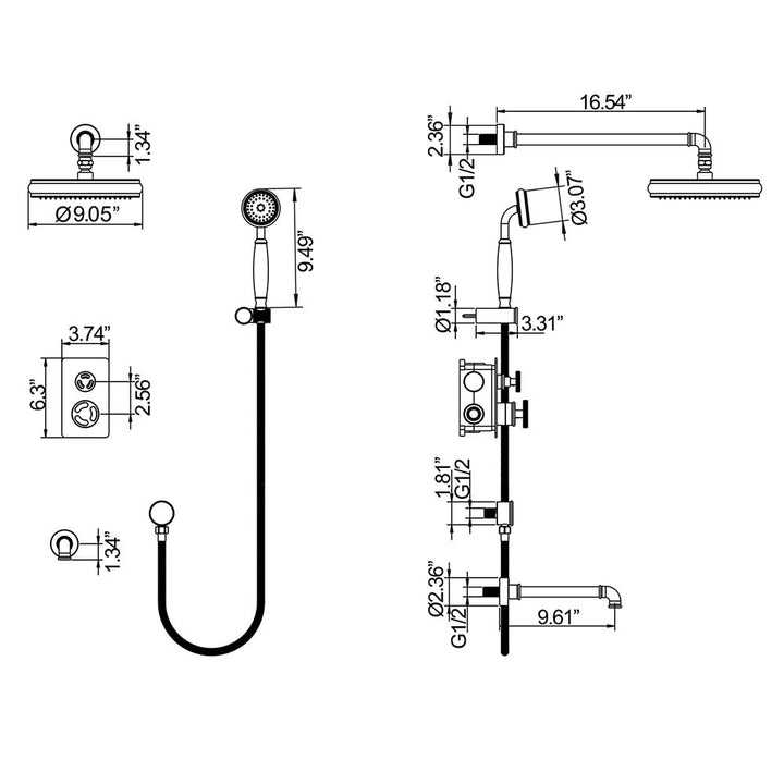 Vintage shower system with tub spout and size diagram illustration