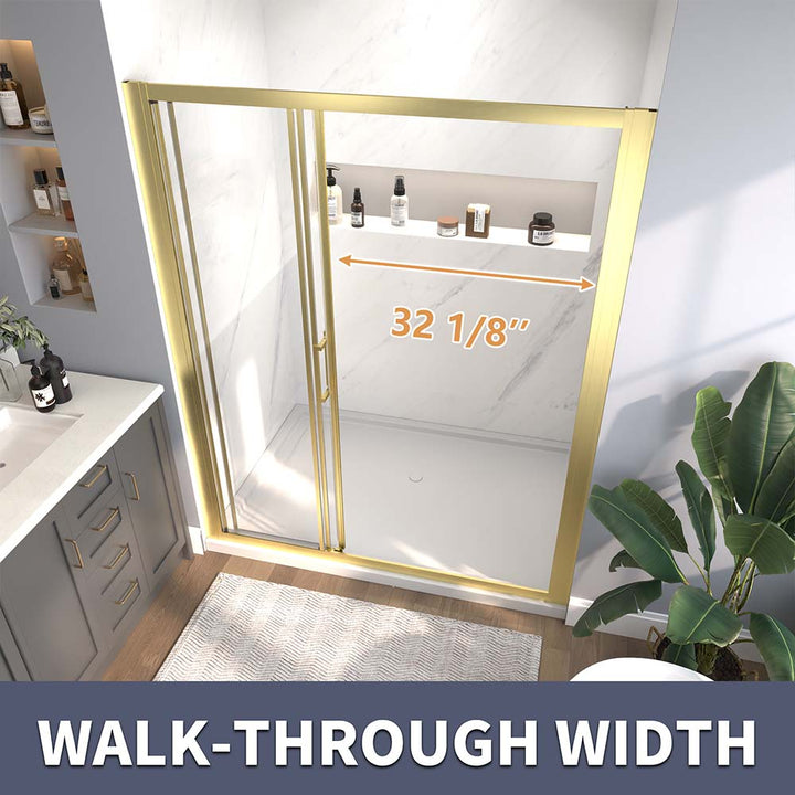 Shower door with 32 1/8" walk-through width and gold frame.