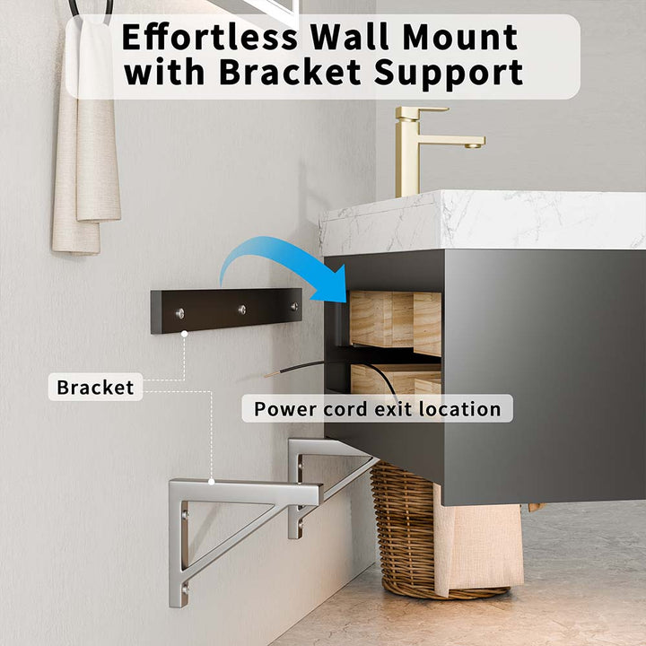 Wall-mounted vanity installation with bracket and cord outlet