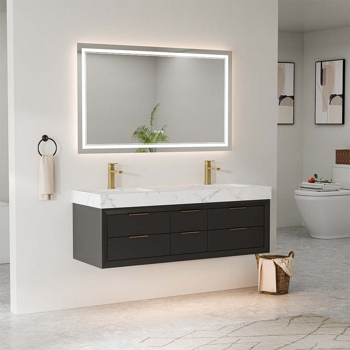 60 inch black wall mounted bathroom vanity with double sink