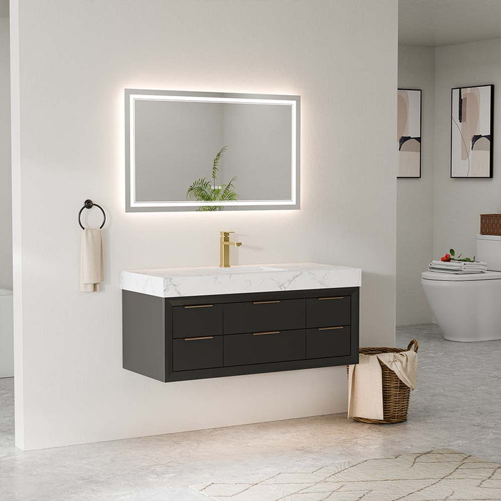 Black wall mounted bathroom vanity with double sink and drawers