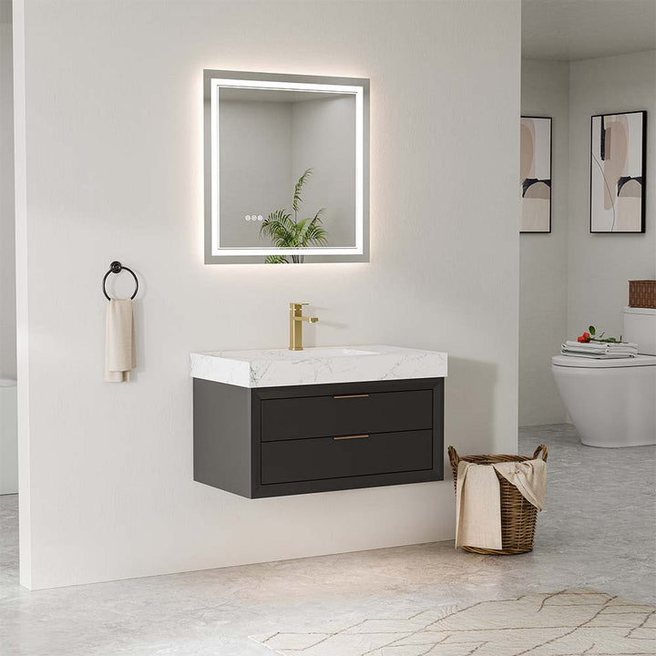 Modern black wall mounted bathroom vanity with marble top in bathroom