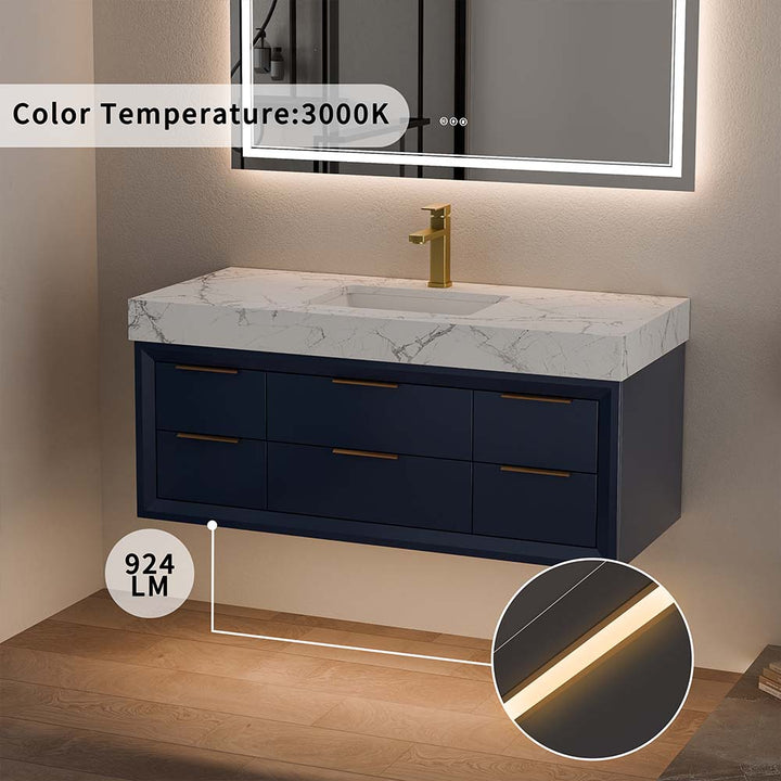 48 inch blue wall mounted bathroom vanity with 3000K ambient lighting