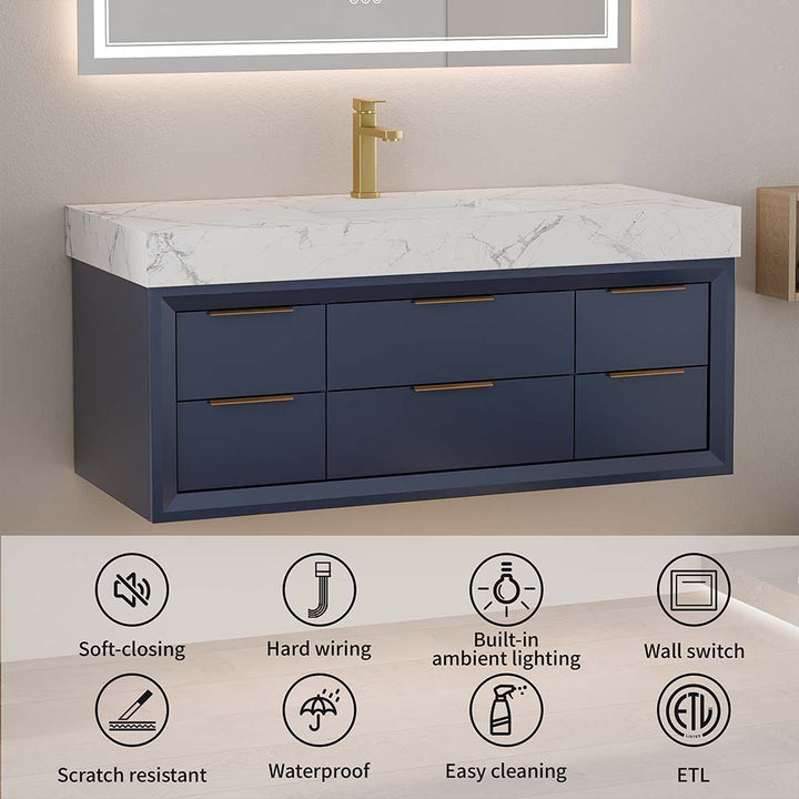 48 inch blue wall mounted bathroom vanity with soft closing drawers and ETL