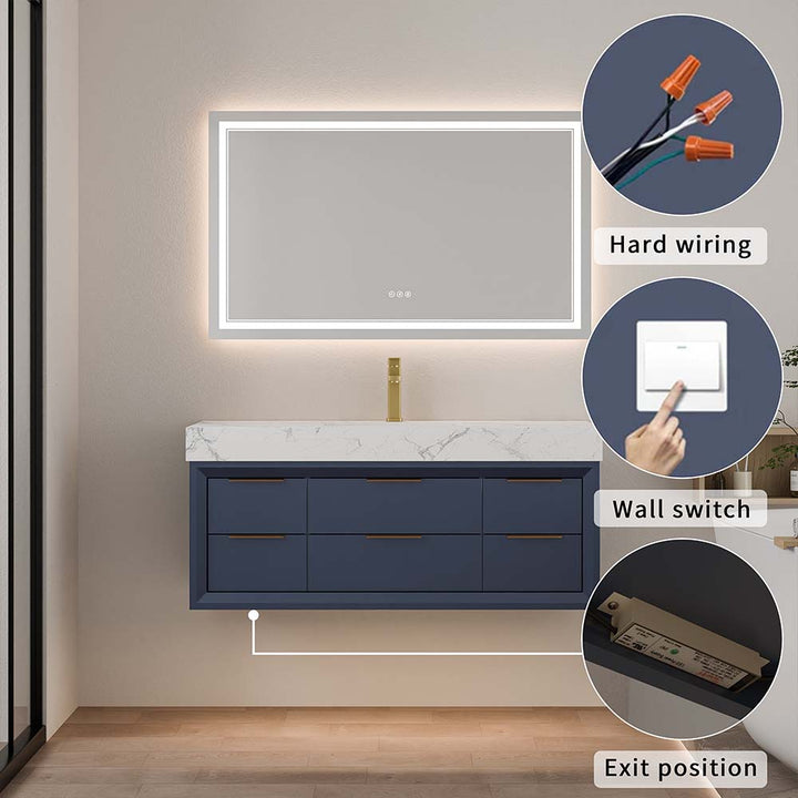 48 inch blue wall mounted bathroom vanity with hard wiring and wall switch