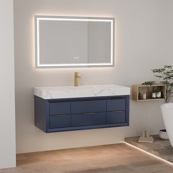 48 inch blue wall mounted bathroom vanity with drawers