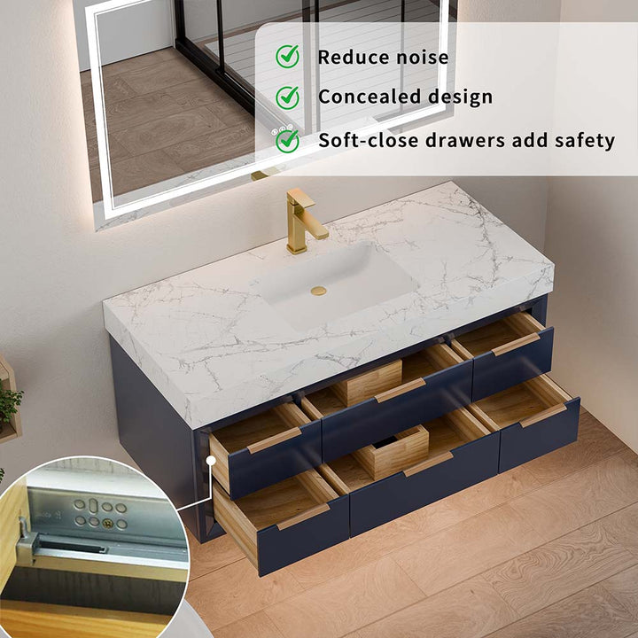 48 inch blue wall mounted bathroom vanity with soft close drawers