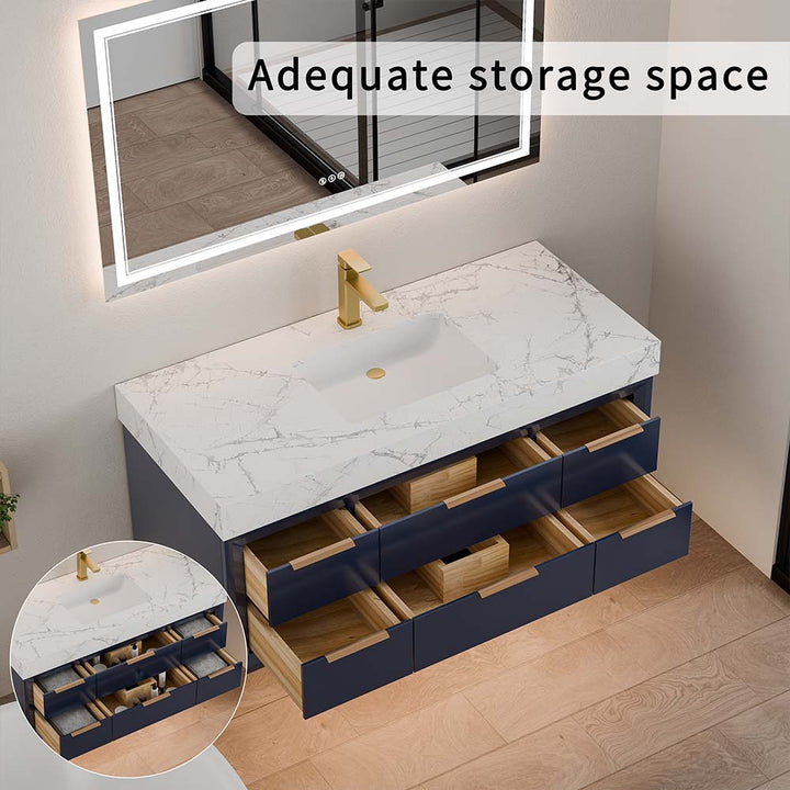 48 inch blue wall mounted bathroom vanity with large storage drawers