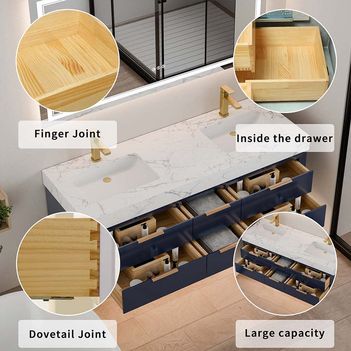 60 inch blue wall mounted bathroom vanity double sink drawer details