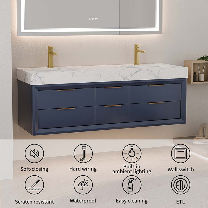 Blue 60 inch wall mounted bathroom vanity double sink with ETL features