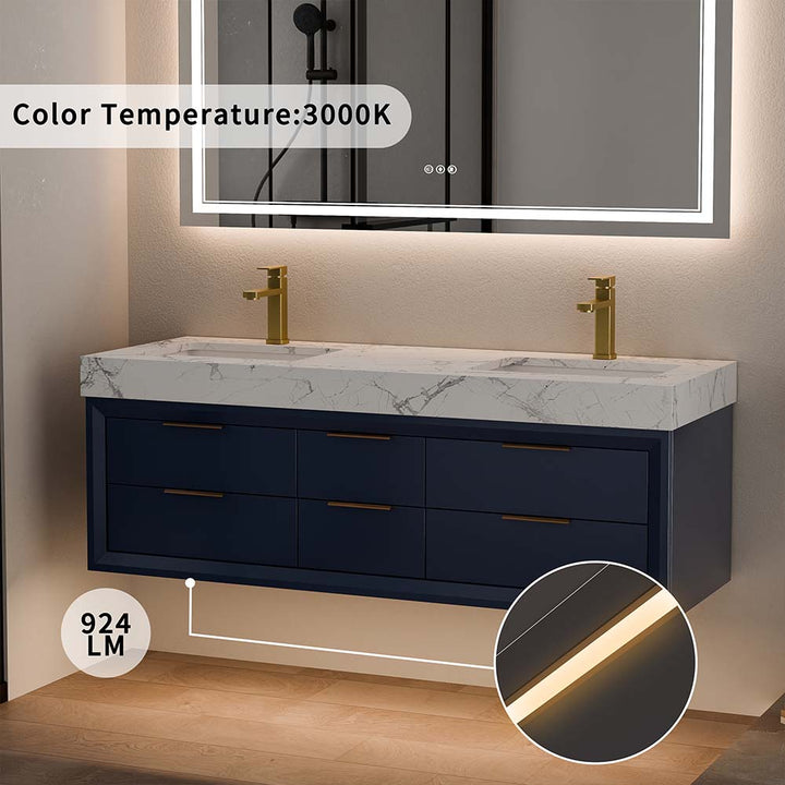60 inch blue wall mounted bathroom vanity double sink with LED lighting