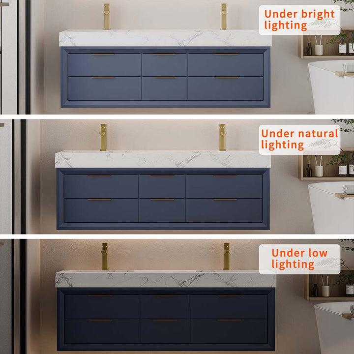 Blue 60 inch wall mounted bathroom vanity double sink under different lighting