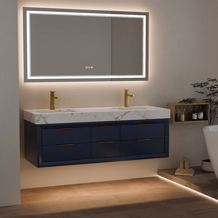 60 inch blue wall mounted bathroom vanity with double sink modern design