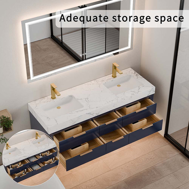 Blue 60 inch wall mounted double sink bathroom vanity with storage space