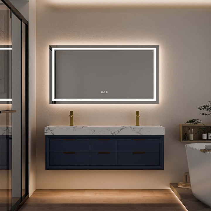 60 inch blue wall mounted bathroom vanity with double sink
