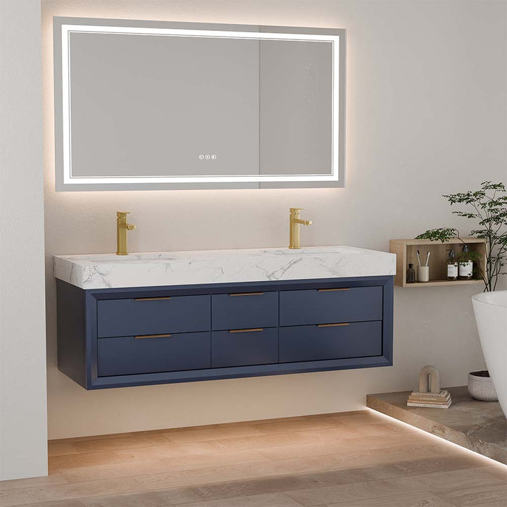 Blue wall mounted bathroom vanity with double sink