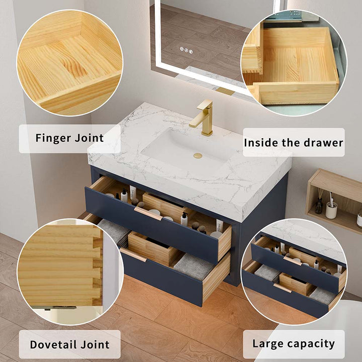 Blue wall mounted bathroom vanity drawer storage and joints