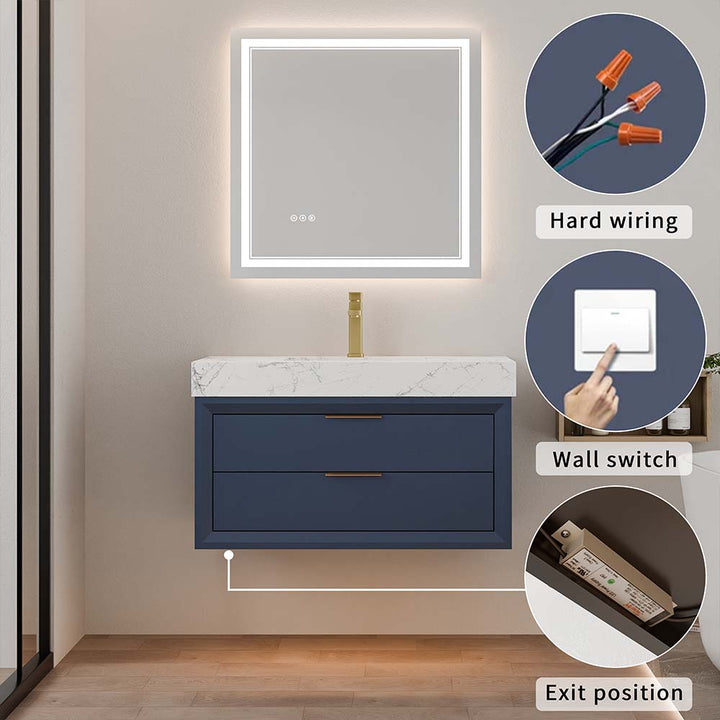 Blue wall mounted bathroom vanity with hard wiring and wall switch