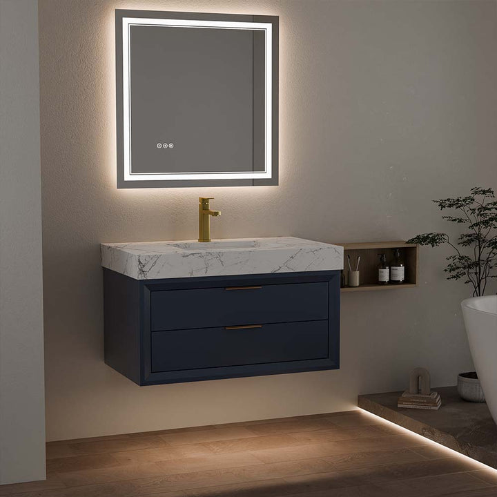 Blue wall mounted bathroom vanity with marble top and LED mirror