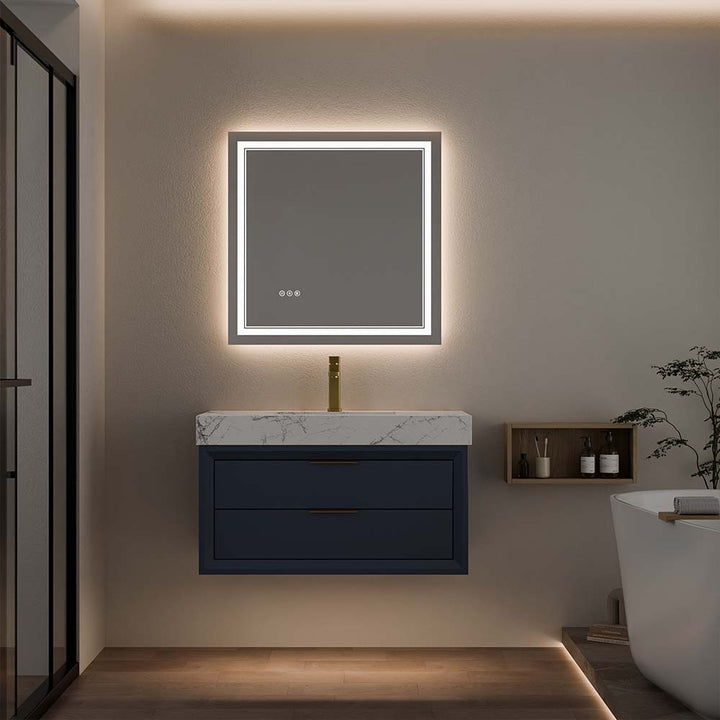 Blue wall mounted bathroom vanity with LED mirror and marble top