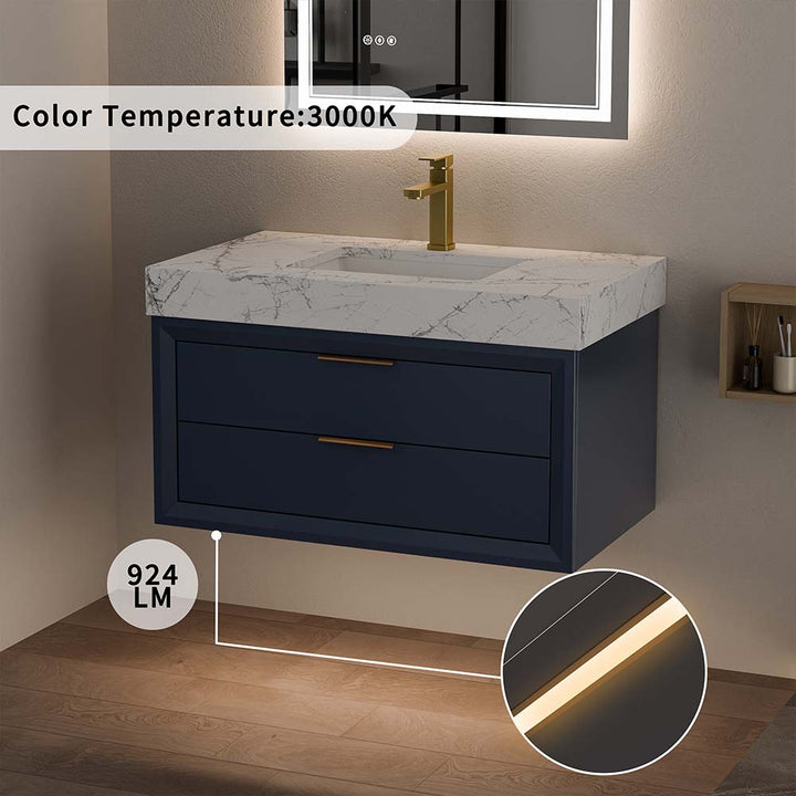 Blue wall mounted bathroom vanity with 3000K LED lighting