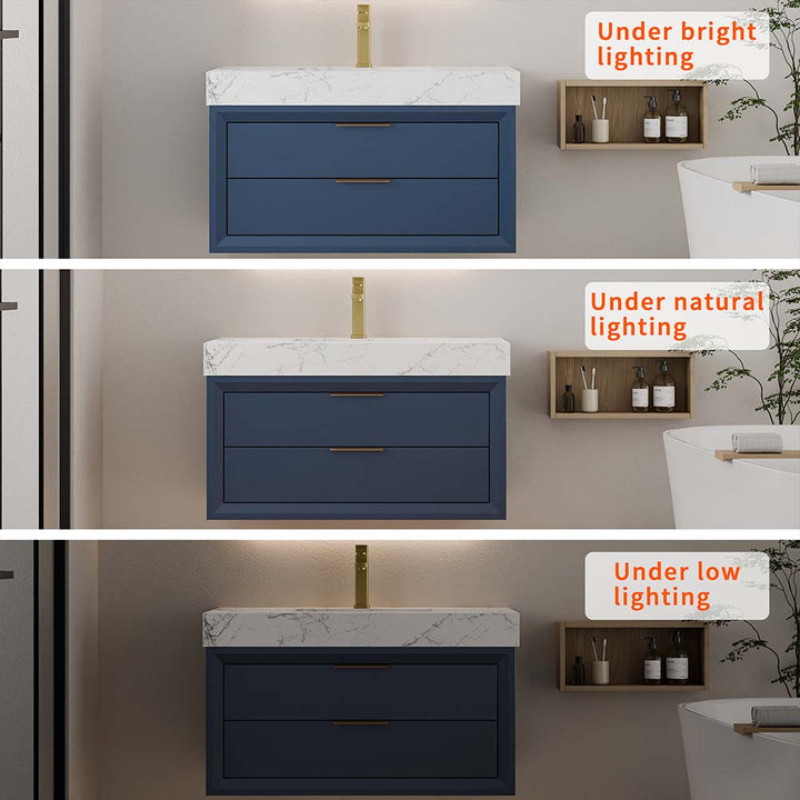 Blue wall mounted bathroom vanity under bright natural and low lighting